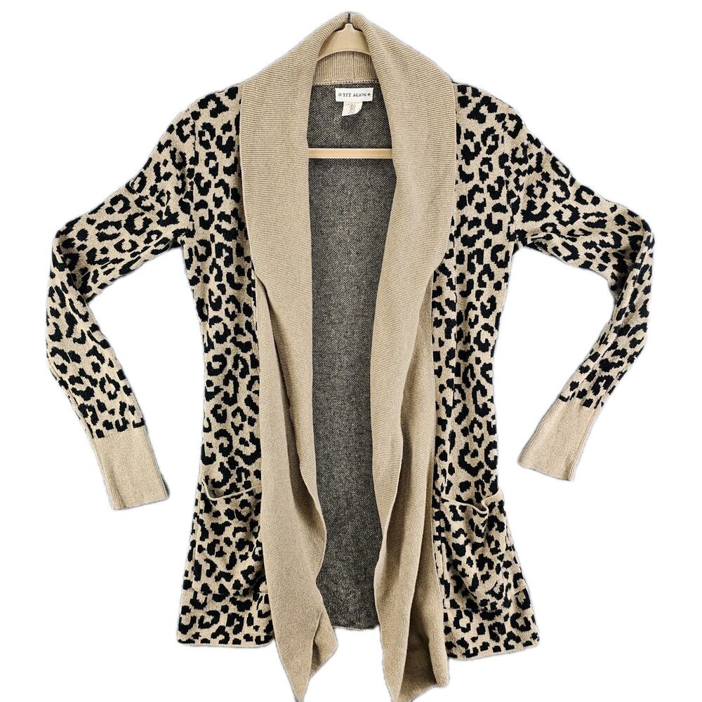 Cardigan Sweater Womens Small Leopard Print Waterfall Front Yet Again 29" Long